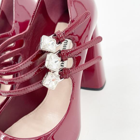 Miu Miu Burgundy Patent Leather Crystal Strap Mary Jane Block Heel Pump IT 36 - Picture 8 of 13